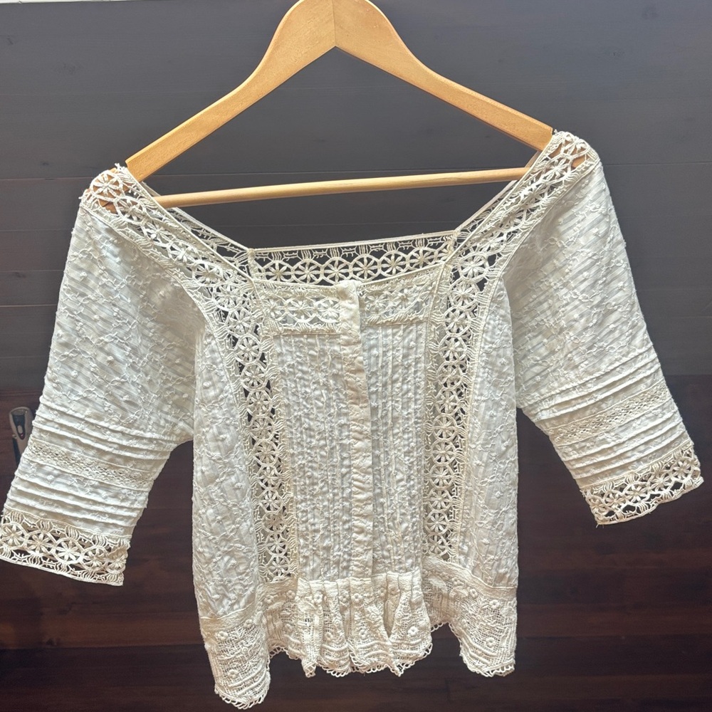 White Lace Boho Peasant Top - Women's XS cropped